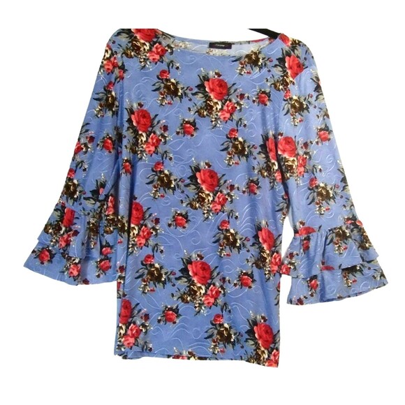 Cocomo Top Women's L Boat Neck Long Ruffle Sleeve Top Red Roses Sky Blue Boho - Picture 2 of 10